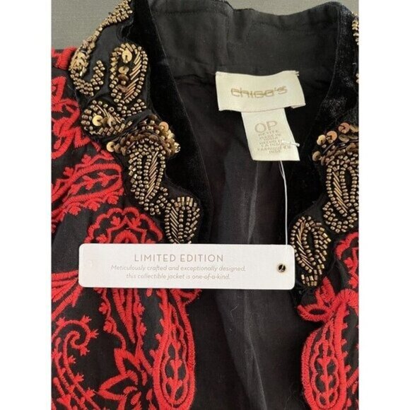 Chicos Collectibles Petite 0P Gold Beaded Black Red Paisley‎ Embroidered Jacket - Picture 14 of 16